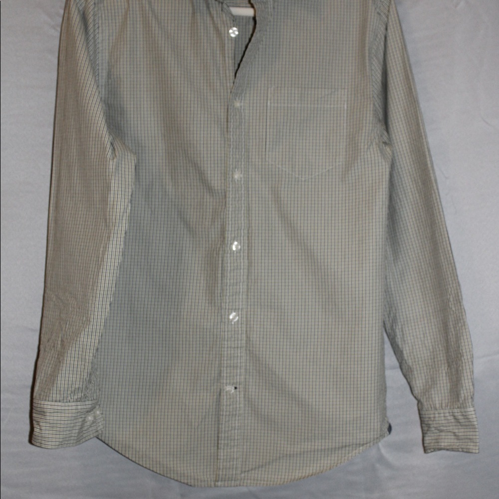 JcPenny dress shirt with green and navy blue striped pattern(primary white